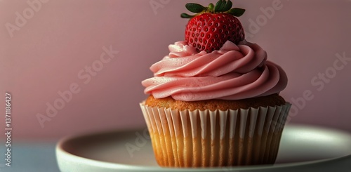 Tasty Strawberry Cupcake With Pink Frosting on a White Plate Against a Soft P...