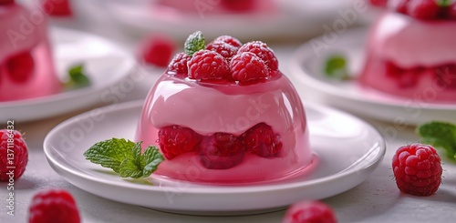 Delicious Raspberry Jelly Dessert Garnished With Fresh Mint on a White Plate