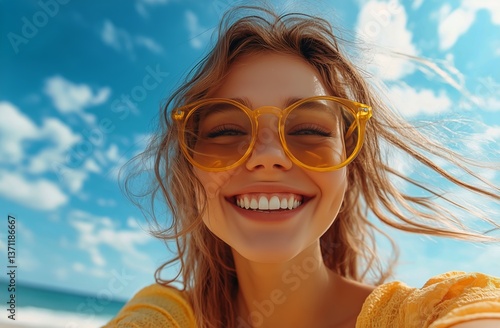 Sunshine and Joy at the Beach With Smiling Woman Wearing Yellow Sunglasses