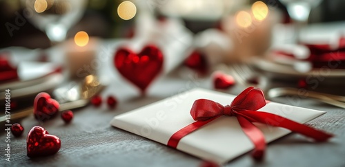 Romantic Dinner Setting With Gift Envelope and Decorative Hearts for Special ...