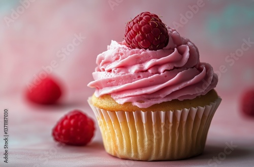 Delicious Raspberry Cupcake With Pink Frosting on a Soft Pastel Background
