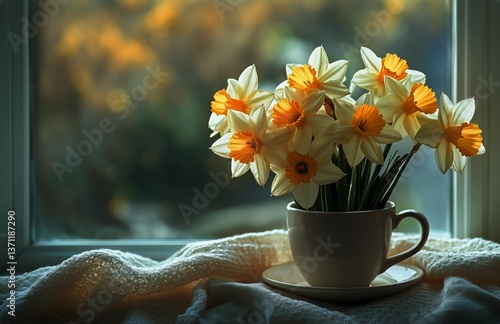 Bright Daffodils in a White Mug on a Sunny Windowsill During Springtime