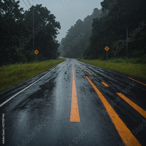 A Slippery Road warning sign during rainy weather.