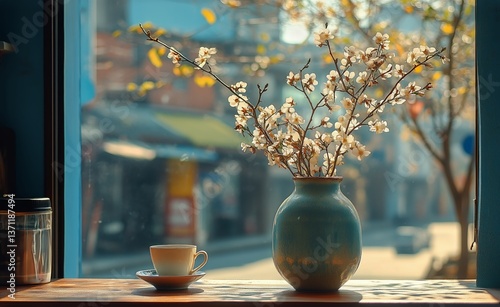Fresh Blooms and Warm Coffee Create a Serene Moment by the Window During a Su...