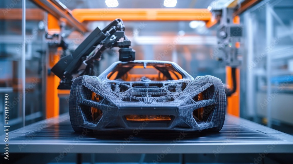 3D printed car model in a factory. A robotic arm is positioned over a finished, grey 3D printed car model on a metal platform in a modern manufacturing facility. 3D printed car model in a factory. A robotic arm is positioned over a finished, grey 3D printed car model on a metal platform in a modern manufacturing facility.