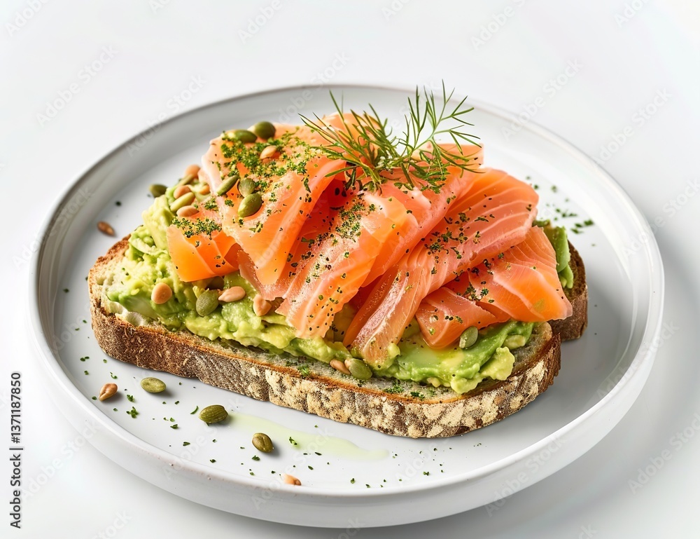 A high-quality studio photograph of an avocado toast with fresh salmon, presented on a white plate A high-quality studio photograph of an avocado toast with fresh salmon, presented on a white plate