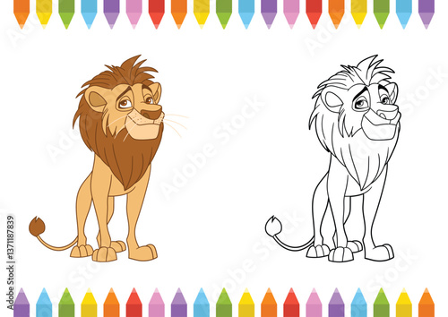 Cartoon lion on white background. One side is fully colored and the other side is a black and white outline to be colored in.