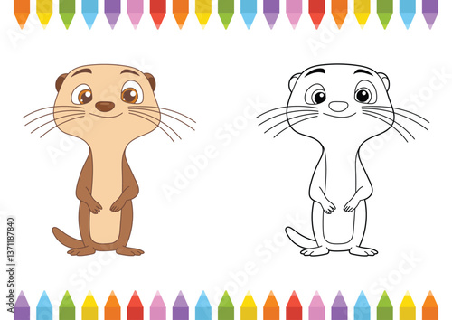 Cartoon illustration of an otter. One otter is colored and the other is a black and white outline for coloring with crayon borders.