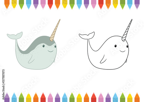 A cute cartoon narwhal with a colorful horn is displayed with a coloring page version, framed by colorful crayons above and below.