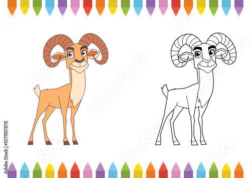 Ram coloring page: One side is colored and the other is a black and white image, all surrounded by colored pencils at the top and bottom.