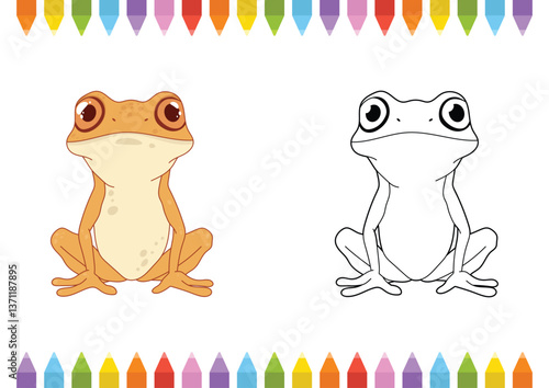 Cartoon frog illustration depicting a colored version and a blank outline, set with colorful crayon accents for a playful, creative theme.