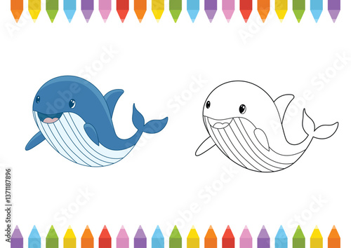 A whimsical illustration showcases a friendly blue whale alongside its black-and-white counterpart, perfect for a children's coloring page.