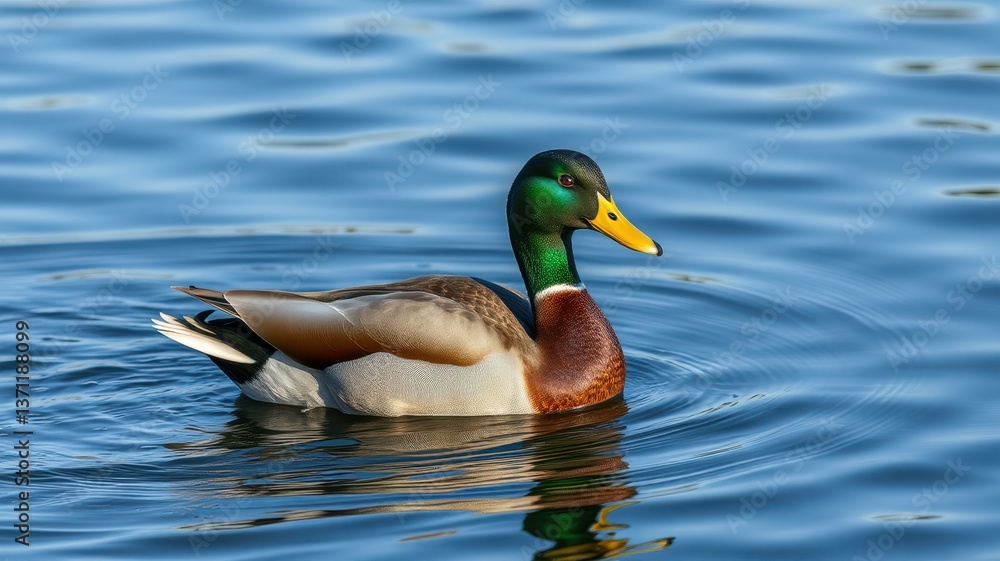 Mallard duck swimming serenely in a calm lake at sunset reflecting the orange hues of the sky Mallard duck swimming serenely in a calm lake at sunset reflecting the orange hues of the sky