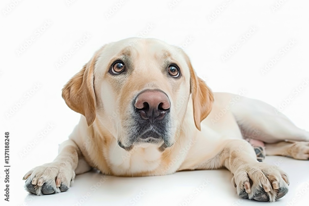 A Labrador dog lying down, looking up at the camera with its head tilted to one side and eyes wide A Labrador dog lying down, looking up at the camera with its head tilted to one side and eyes wide
