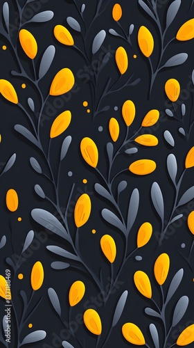 Seamless Dark Floral Pattern Yellow Gray Leaves