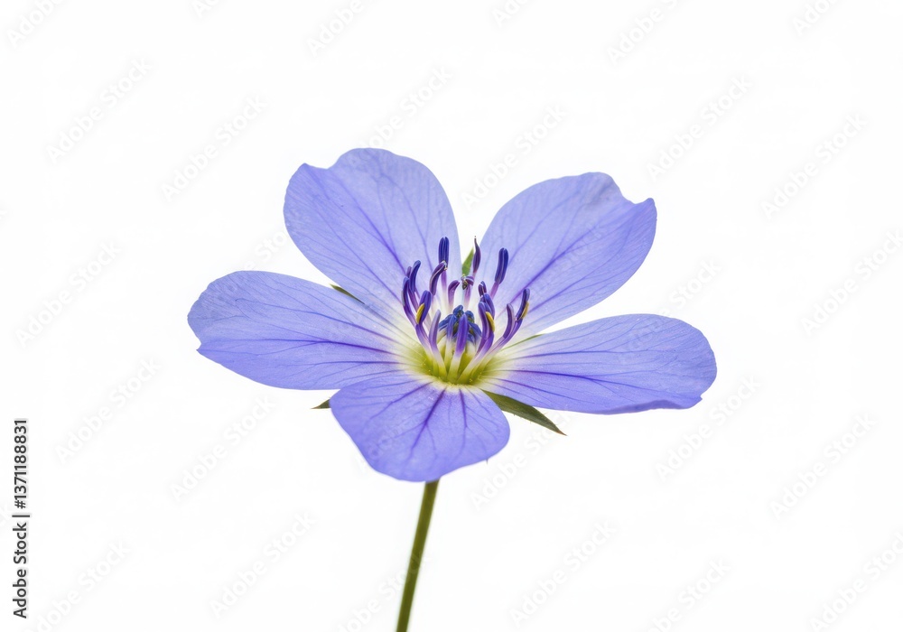 A single isolated light purple flower with five petals and a green stem on a white background A single isolated light purple flower with five petals and a green stem on a white background