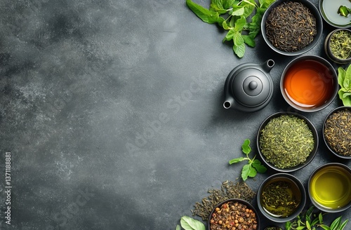 Variety of Tea Ingredients and a Teapot Arranged on a Dark Surface With Fresh...