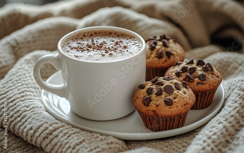 Delightful Chocolate Chip Muffins Served With a Warm Cup of Hot Cocoa on a Co...