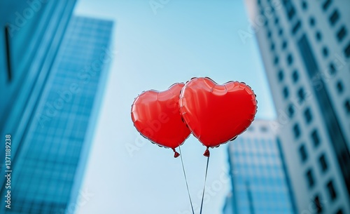 Red Heart Balloons Float Against a Clear Sky and Modern City Buildings During...