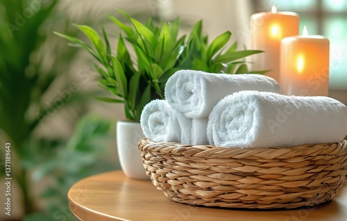 Relaxing Atmosphere With Rolled Towels, Candles, and Greenery in a Serene Ind...