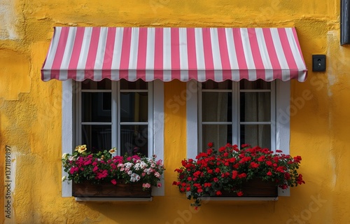 Colorful Window With Striped Awning and Vibrant Flower Boxes on a Sunny Day