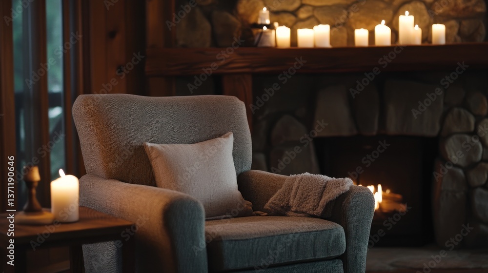 Obraz premium Cozy Living Room Scene with Armchair Fireplace and Candles Creating a Warm Atmosphere