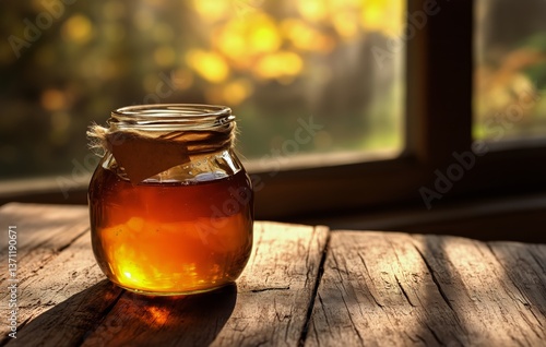 Fresh Honey Jar on Wooden Table Illuminated by Soft Sunlight in a Rustic Setting
