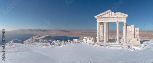 Snowy landscape shows ruins on a hill near the sea. Clear skies above