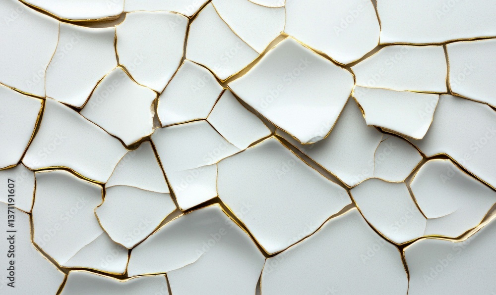 Intricate gold veins highlight the cracks on a white, kintsugi-inspired surface, creating an artistic textured pattern. Intricate gold veins highlight the cracks on a white, kintsugi-inspired surface, creating an artistic textured pattern.