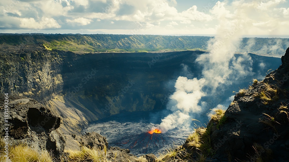 Fototapeta premium Volcanic Crater with Lava and Smoke