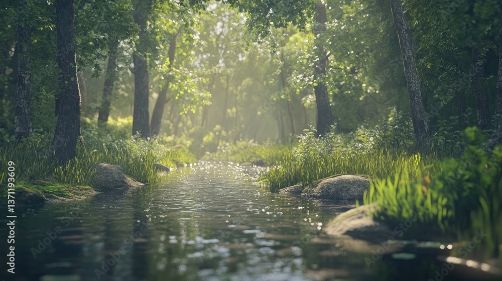 Forest stream and lake in a woodland landscape Forest stream and lake in a woodland landscape