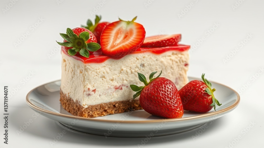Delicious strawberry cheesecake slice garnished with fresh strawberries on a plate Delicious strawberry cheesecake slice garnished with fresh strawberries on a plate