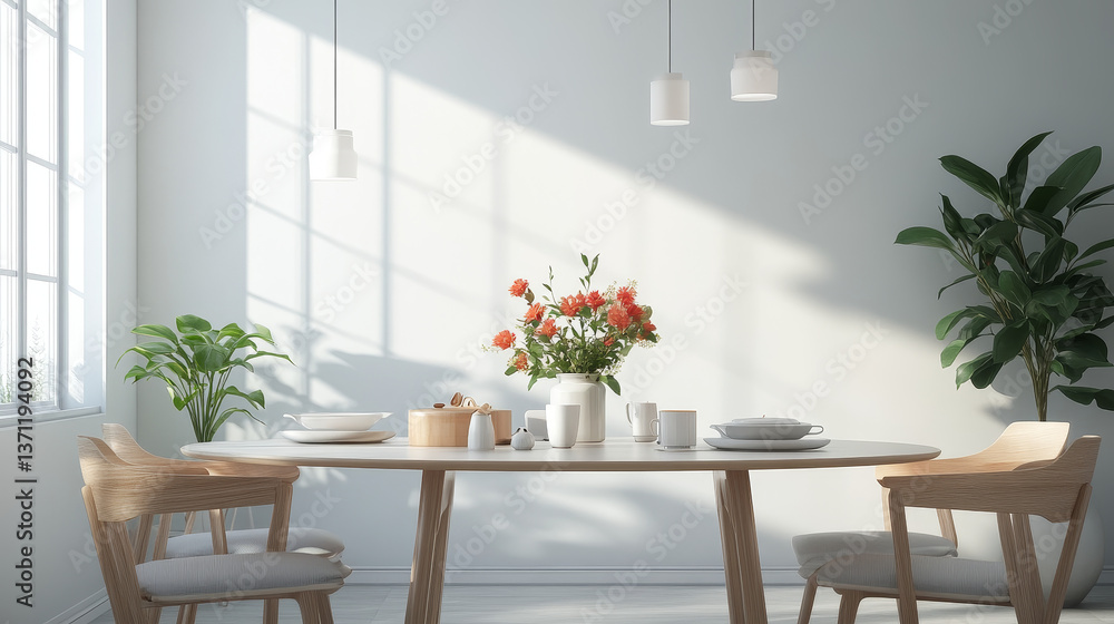 Stylish scandinavian dining room interior with mock up poster frame, wooden table, furniture, cupof coffee, flowers , cement fruits and elegant accessories. Ready to use. Template. Modern home decor. Stylish scandinavian dining room interior with mock up poster frame, wooden table, furniture, cupof coffee, flowers , cement fruits and elegant accessories. Ready to use. Template. Modern home decor.