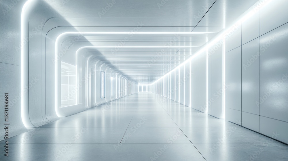 Obraz premium Futuristic White Corridor: A Gleaming Pathway of Light and Modern Design