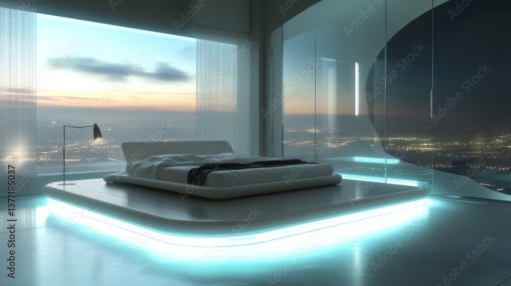 Fototapeta premium Futuristic Bedroom with City Lights View