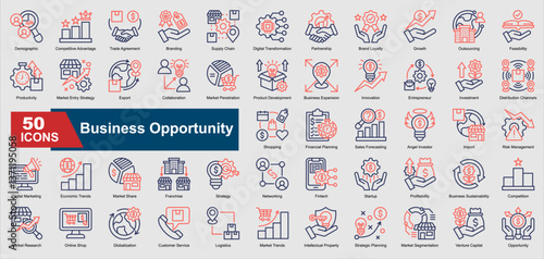 
Business Opportunity Icon Collection Set. Demographic, Competitive Advantage, Trade Agreement, Branding, Supply Chain, Digital Transformation, Partnership icon. Line Gradient Style Ilustration