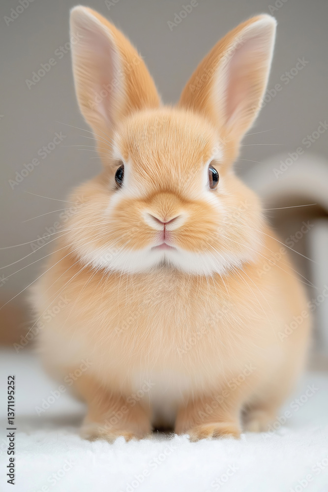 Obraz premium Cute fluffy bunny sitting on soft surface indoors in warm lighting