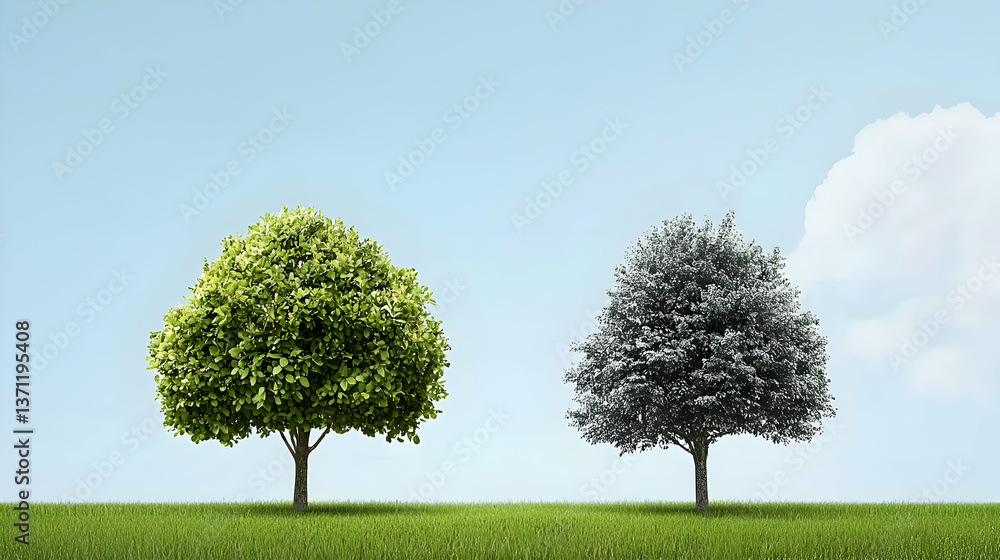 Obraz premium Two Trees Contrast Green And Black And White In Landscape