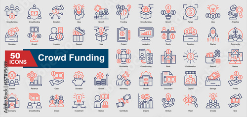 Crowd Funding Icon Collection Set. Donation, Funding, Investor, Revenue, Capital, Savings, cash icon. Line Color Style Ilustration