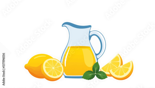 Freshly squeezed lemon juice pitcher with mint and lemon wedges, summer freshness