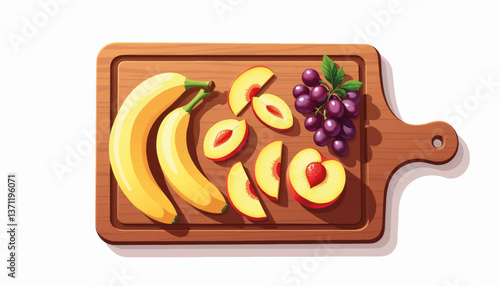 Colorful fruit arrangement on wooden cutting board, healthy eating