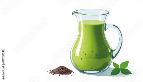 Elegant glass pitcher filled with green smoothie with chia seeds, wellness