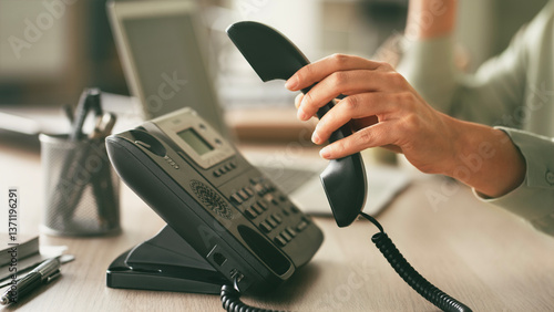 Slika na platnu Headset and dialing a telephone in call center office concept , call center and