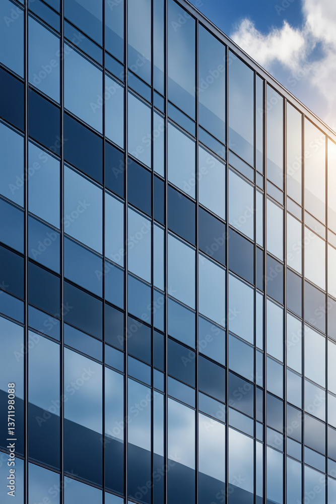 Modern glass building reflecting sunlight and clouds in an urban setting Modern glass building reflecting sunlight and clouds in an urban setting
