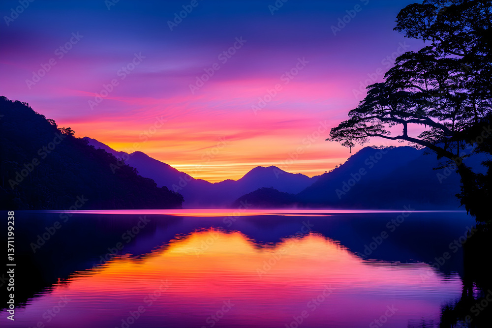 Fototapeta premium Vibrant sunrise over calm lake mirroring colorful sky and silhouetted mountains