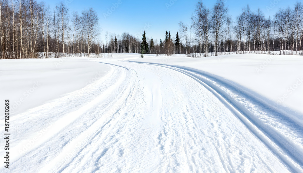 Obraz premium Winding cross-country ski trail through snowy landscape under a clear blue sky