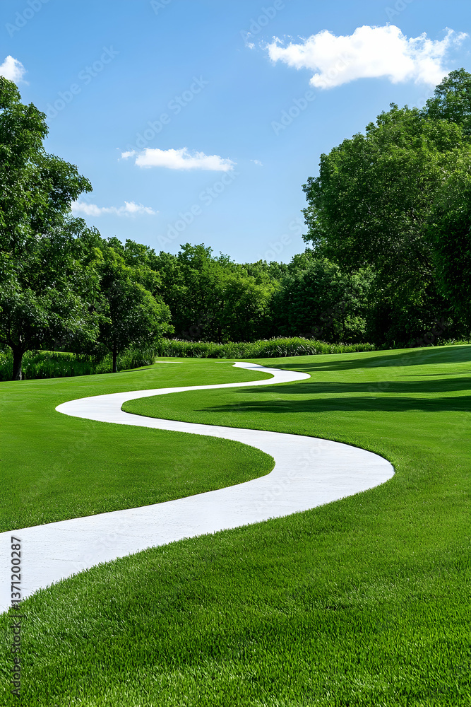 Fototapeta premium Winding pathway through lush green park on sunny day