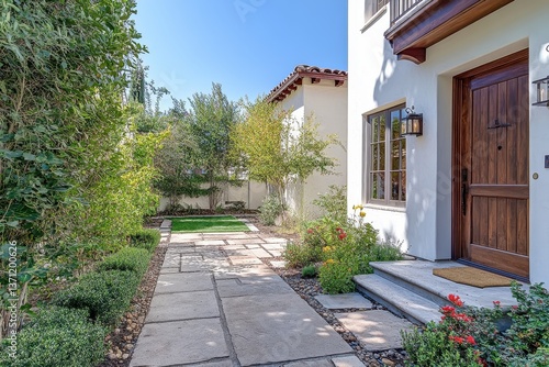 Landscaped walkway leading to the front door of a bright, modern home. Good for real estate, home improvement, landscape, or architectural needs.
