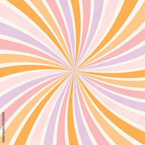 Abstract background with swirling rays in a retro 70s style.Groovy. Bright pastel stripes create a dynamic effect. Suitable for backgrounds, banners, greeting cards, and design.