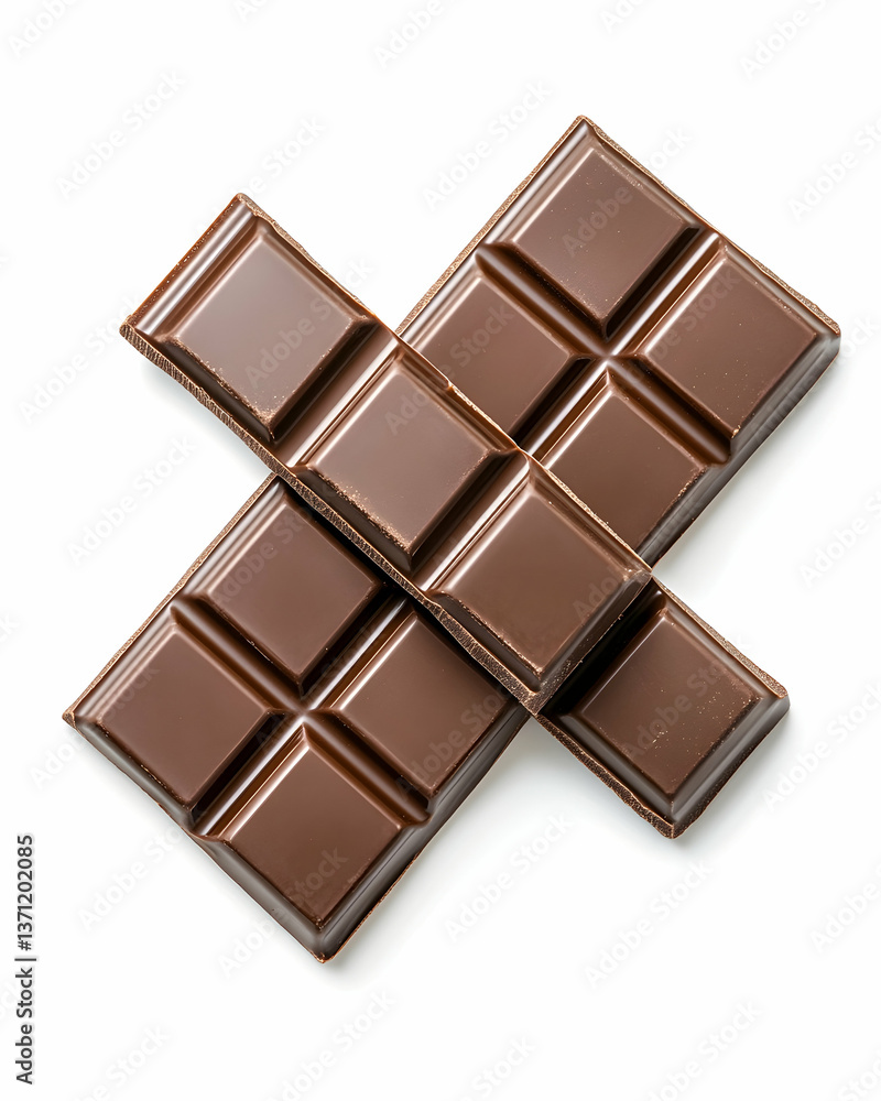 Fototapeta premium Two milk chocolate bars, crisscrossed, isolated on white